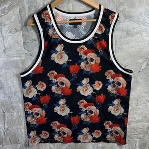 Y2K No Boundaries black & red skull and rose print basketball jersey Mens  XL